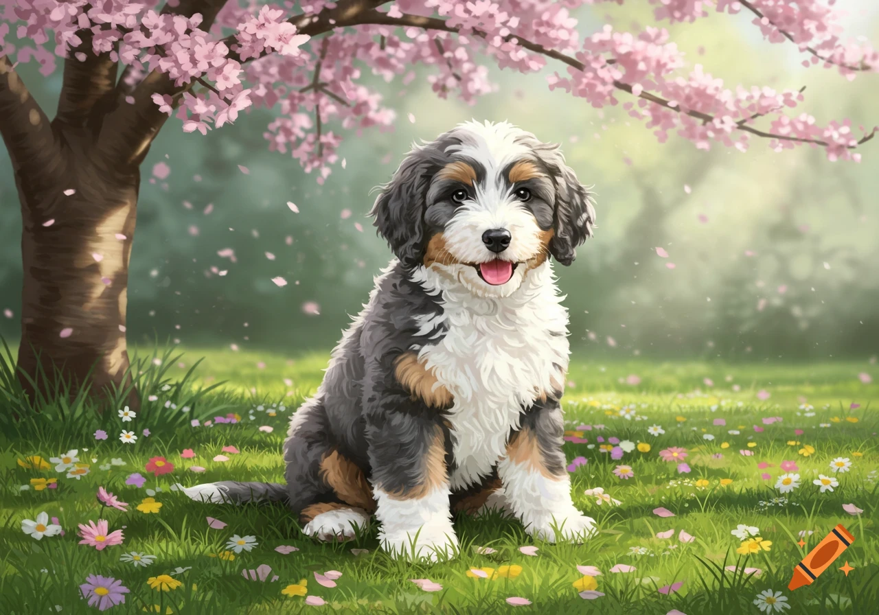 A cute mini Bernedoodle puppy sits in a grassy field filled with wildflowers and pink cherry blossom petals falling from a tree in a digital painting.