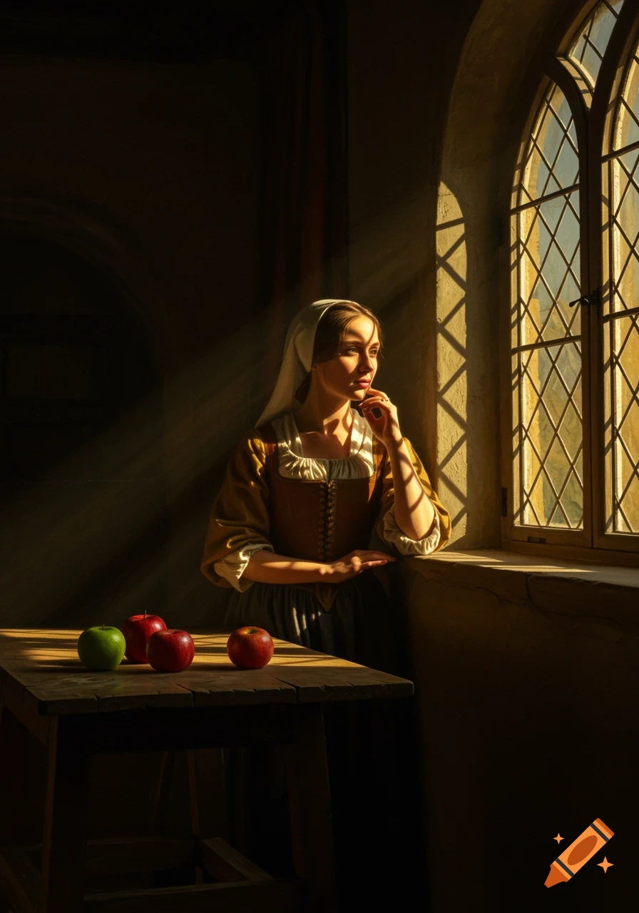 A woman in historical dress sits by a sunlit arched window, with apples on a table beside her, in a high-contrast classical style.
