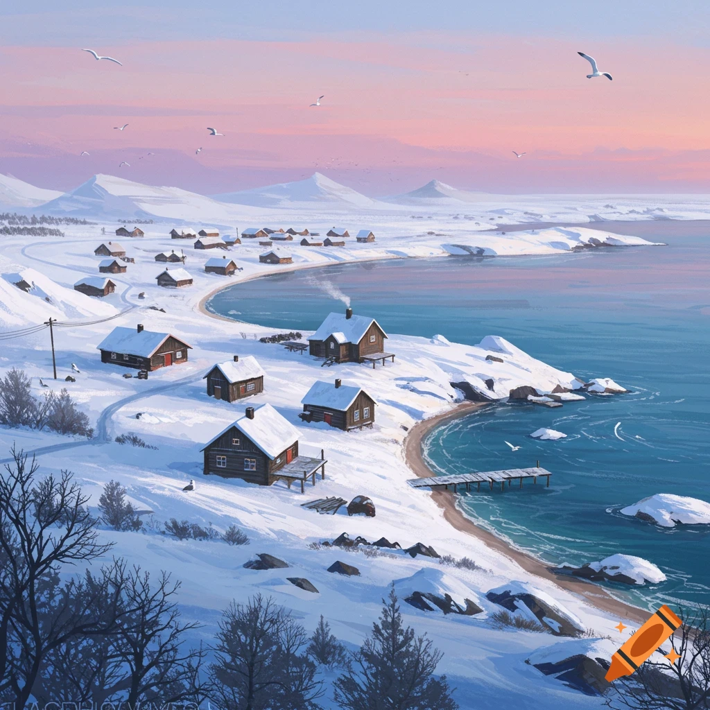 A serene illustration of a snowy village along a blue coastline, with distant mountains under a pink and blue sky.