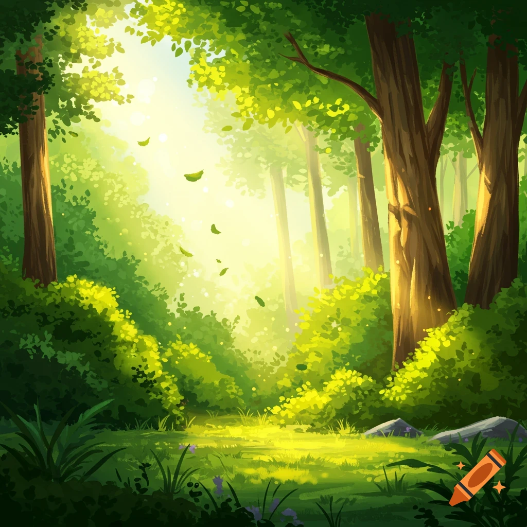 Sunlight streams through a lush green forest, illuminating the undergrowth and a clear path.