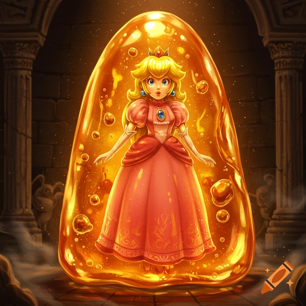 Princess Peach encased in a glowing amber cocoon within a dark, ancient room with pillars. Stylized digital art.