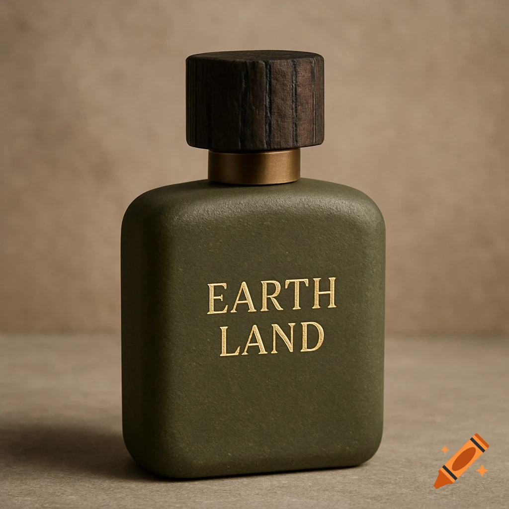 Dark olive green perfume bottle with gold 'EARTH LAND' text and a dark wooden cap on a beige background.