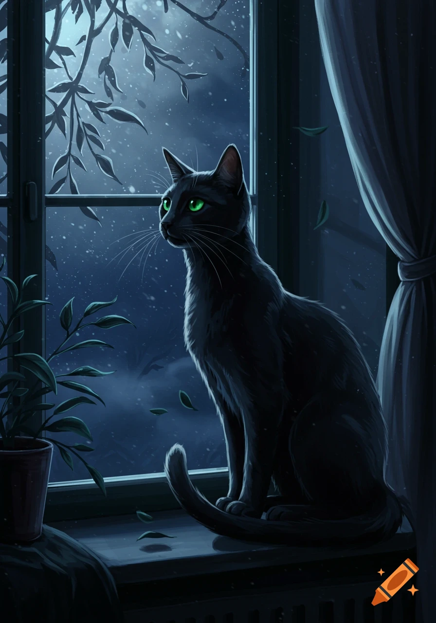 A black cat with luminous green eyes sits on a window sill at night, looking out at the snow through leafless branches. The scene is rendered in an illustrative style.