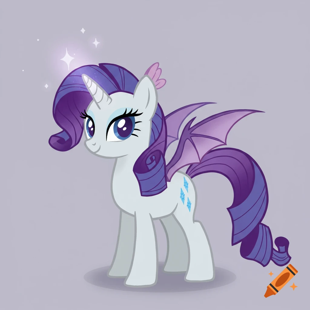 A cartoon character, Rarity from My Little Pony, as a bat pony with purple mane and tail and light gray body, standing on a light gray background.