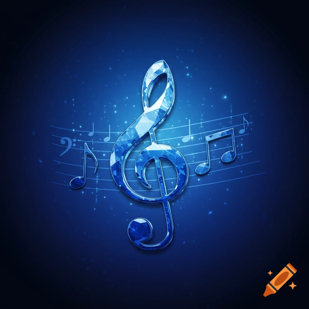 A sparkling blue crystal treble clef stands out against a dark blue, starry background with faint musical staff lines and notes.