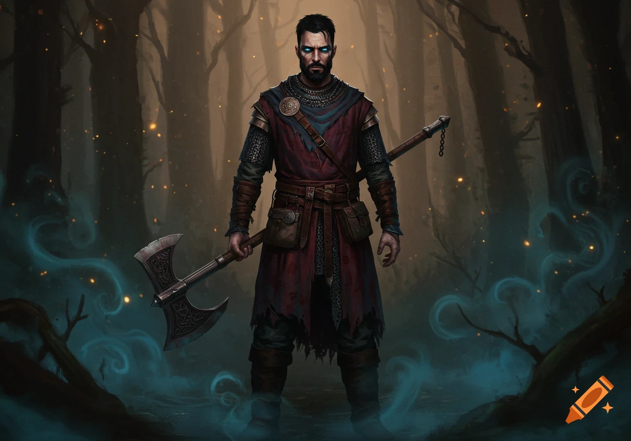 A tall, muscular man with a black beard and glowing blue eyes, wearing a dark red and blue tunic over chainmail, stands in a misty forest holding a large battle axe.