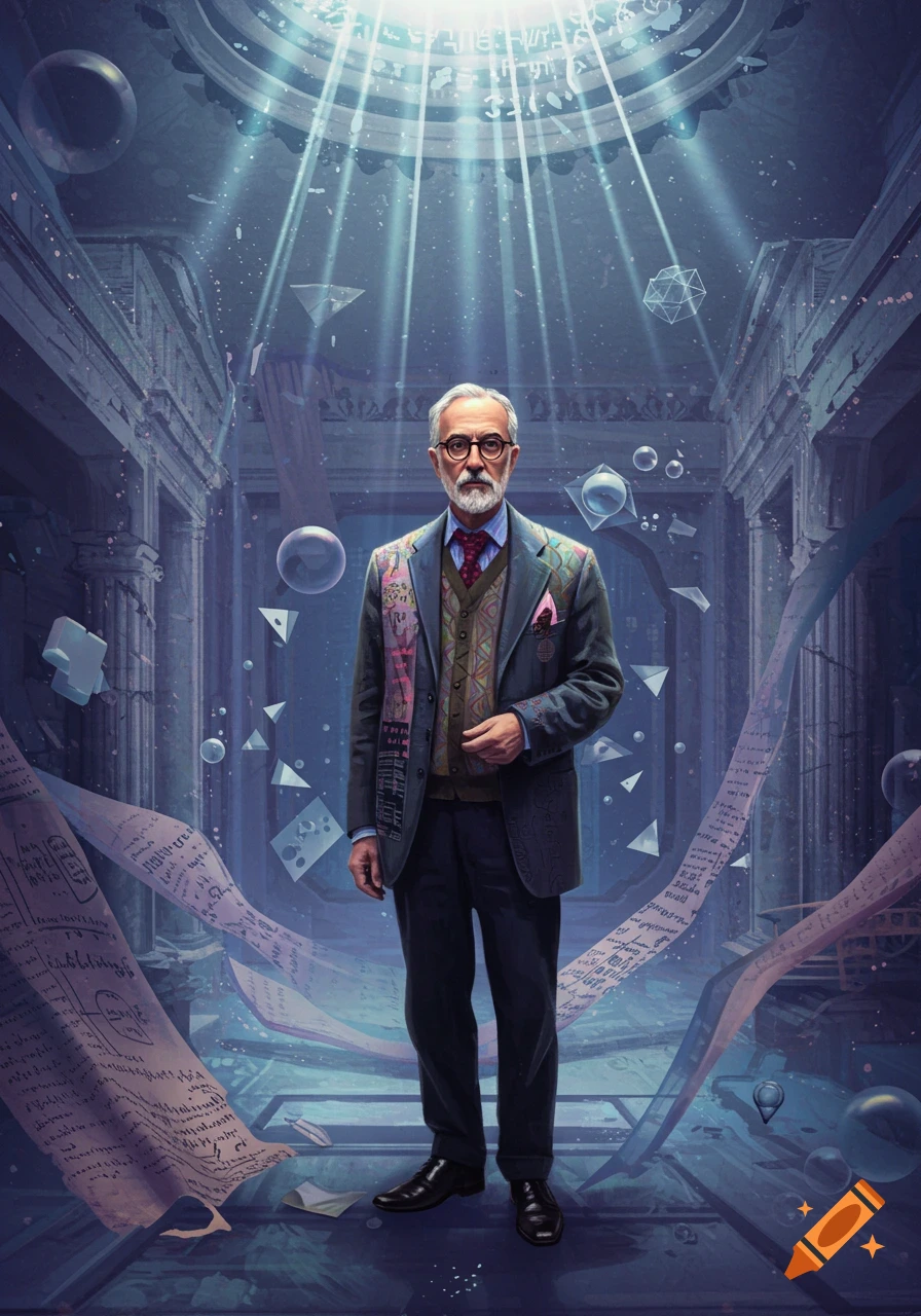 An older man with a grey beard and glasses, dressed in a suit and patterned vest, stands in a grand, ethereal hall with light rays streaming from above. Geometric shapes and long scrolls with illegible text float around him.