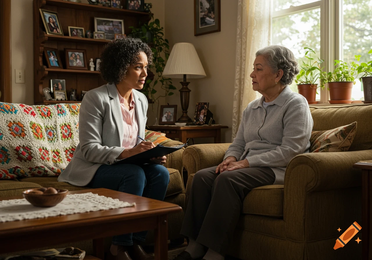 A social worker in a blazer and jeans writes on a clipboard while talking to an elderly woman on a couch in a cozy living room.