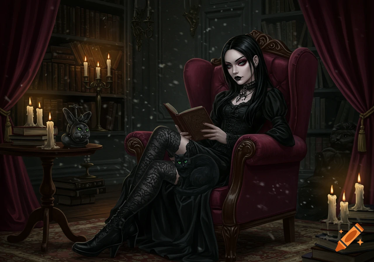 A goth girl with long black hair, in a black dress, reads a book in a dimly lit gothic room with a black cat on her lap, surrounded by bookshelves and candles, with snow falling outside.
