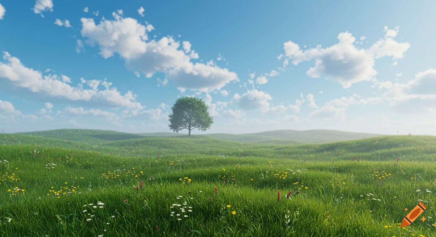 A vast green field with rolling hills and wildflowers under a blue sky with white clouds. A solitary tree stands in the middle distance.