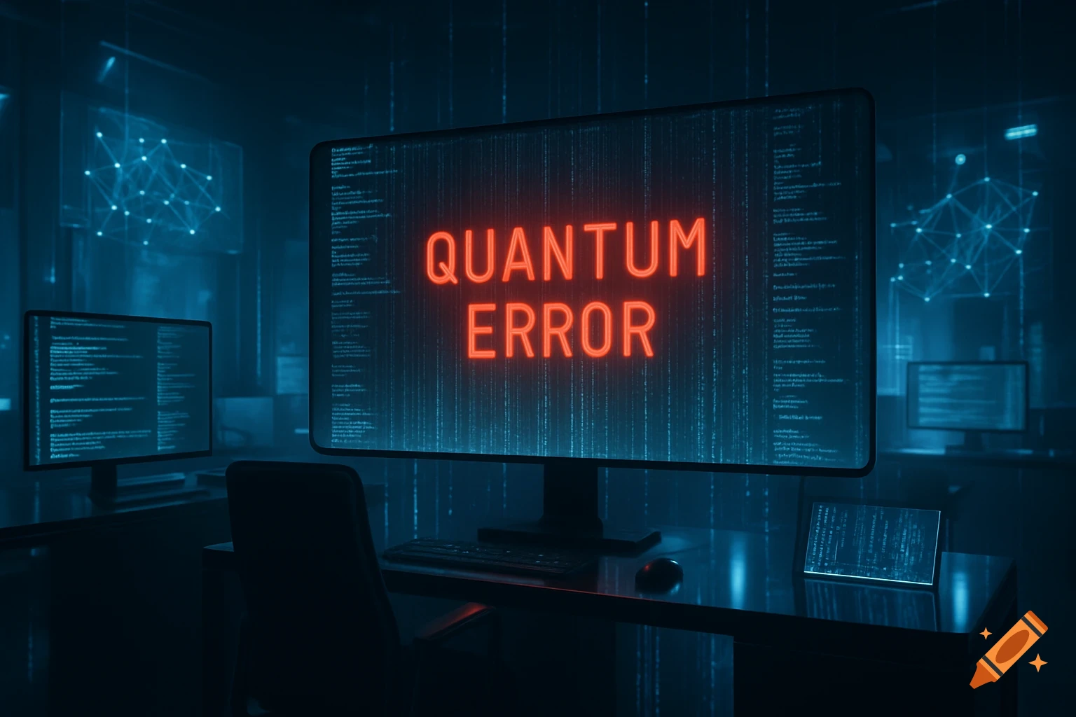 A computer screen displaying 'QUANTUM ERROR' in red neon letters, in a dark, futuristic server room with other screens showing code.