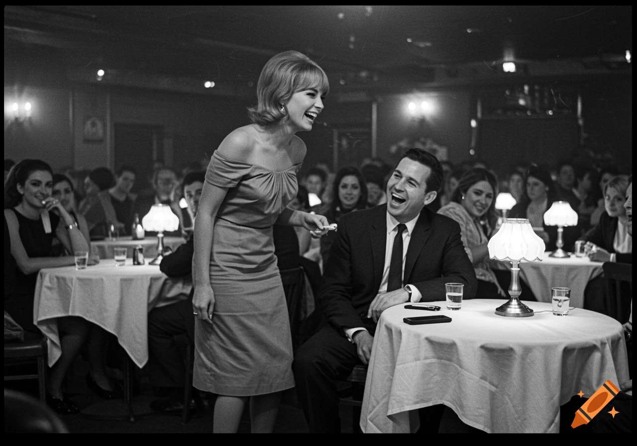 A smiling woman in an off-shoulder dress stands next to a man seated at a table, both laughing, in a black and white vintage-style club setting.