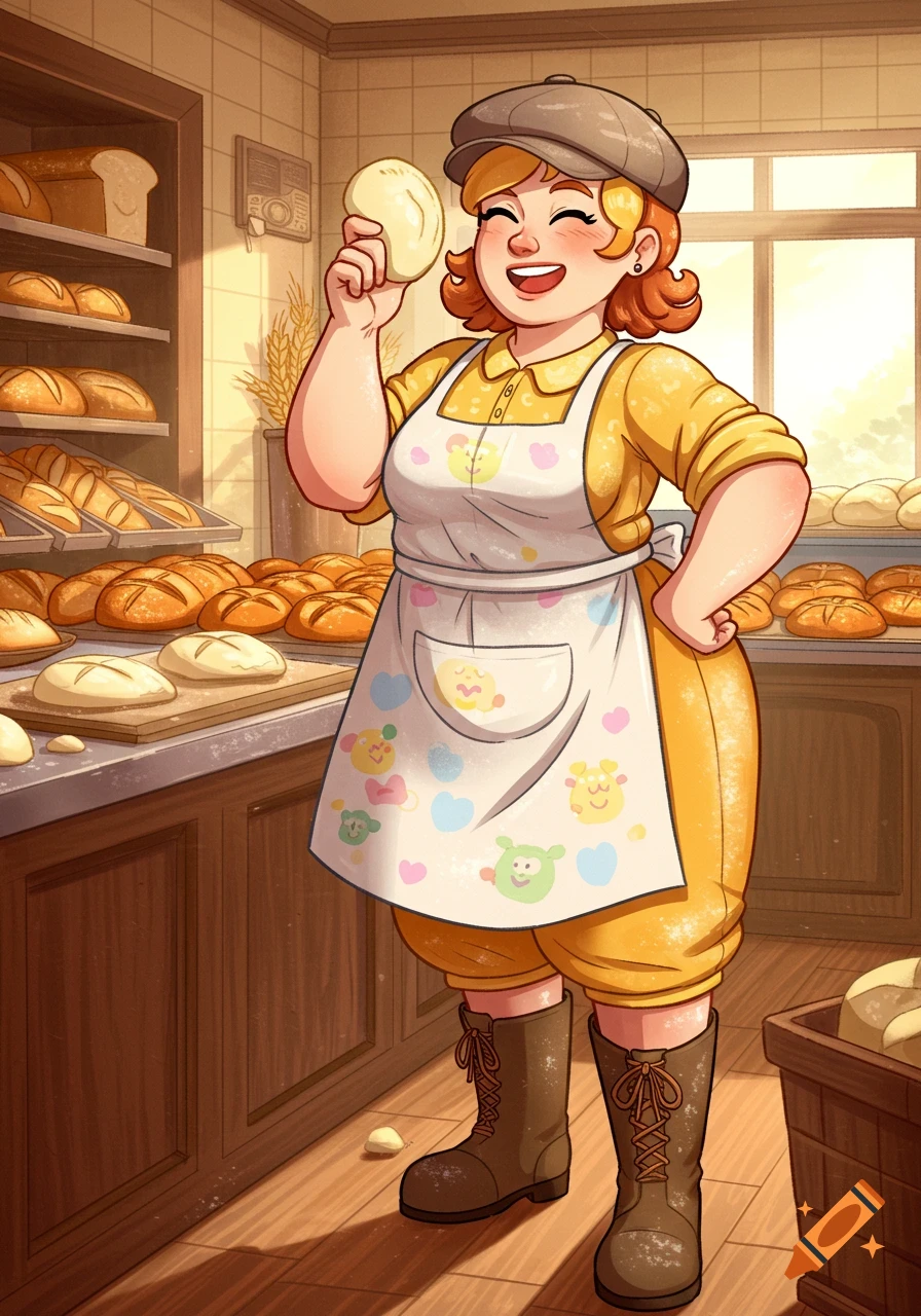 A happy female baker in an apron holds a piece of dough in a cartoon style bakery filled with bread.