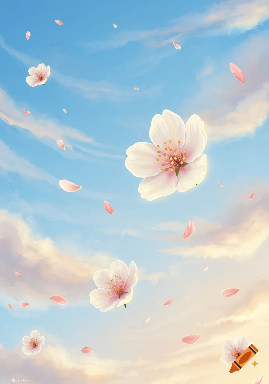 White and pink flowers and petals floating across a blue sky with soft clouds in an illustrative style.