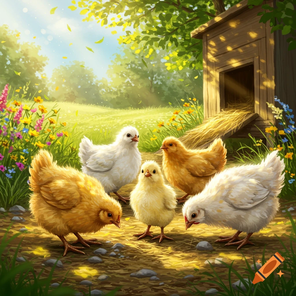 Five fluffy chicks, some white and some yellow-brown, gathered on a dirt path in a sunny, green field with flowers and a wooden coop.