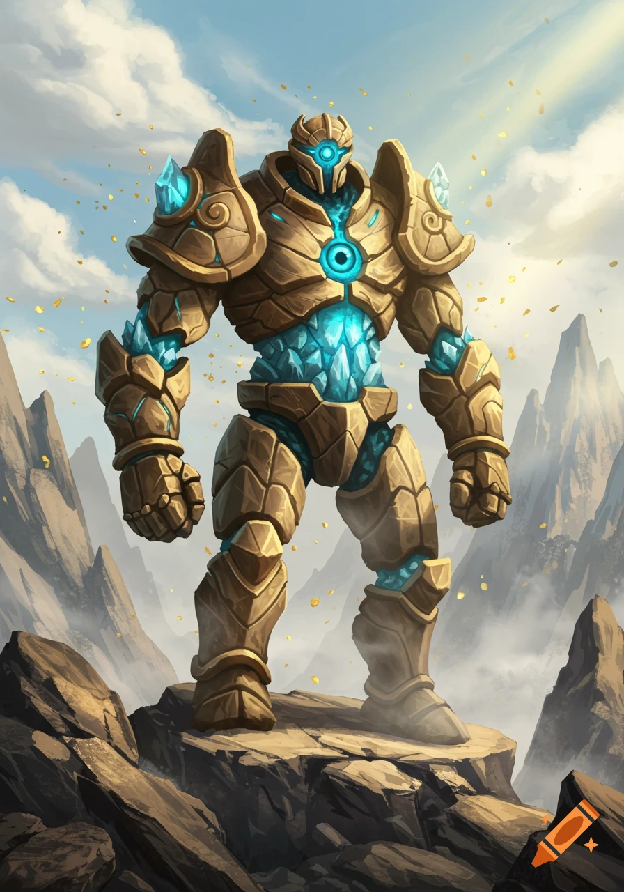 A majestic golem made of golden-brown stone and glowing blue crystals stands on a rocky mountain peak under a cloudy sky.
