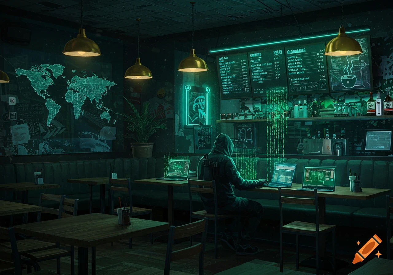 A person in a hoodie works on laptops in a dimly lit, green-lit cyber coffeehouse with a digital world map and menu.
