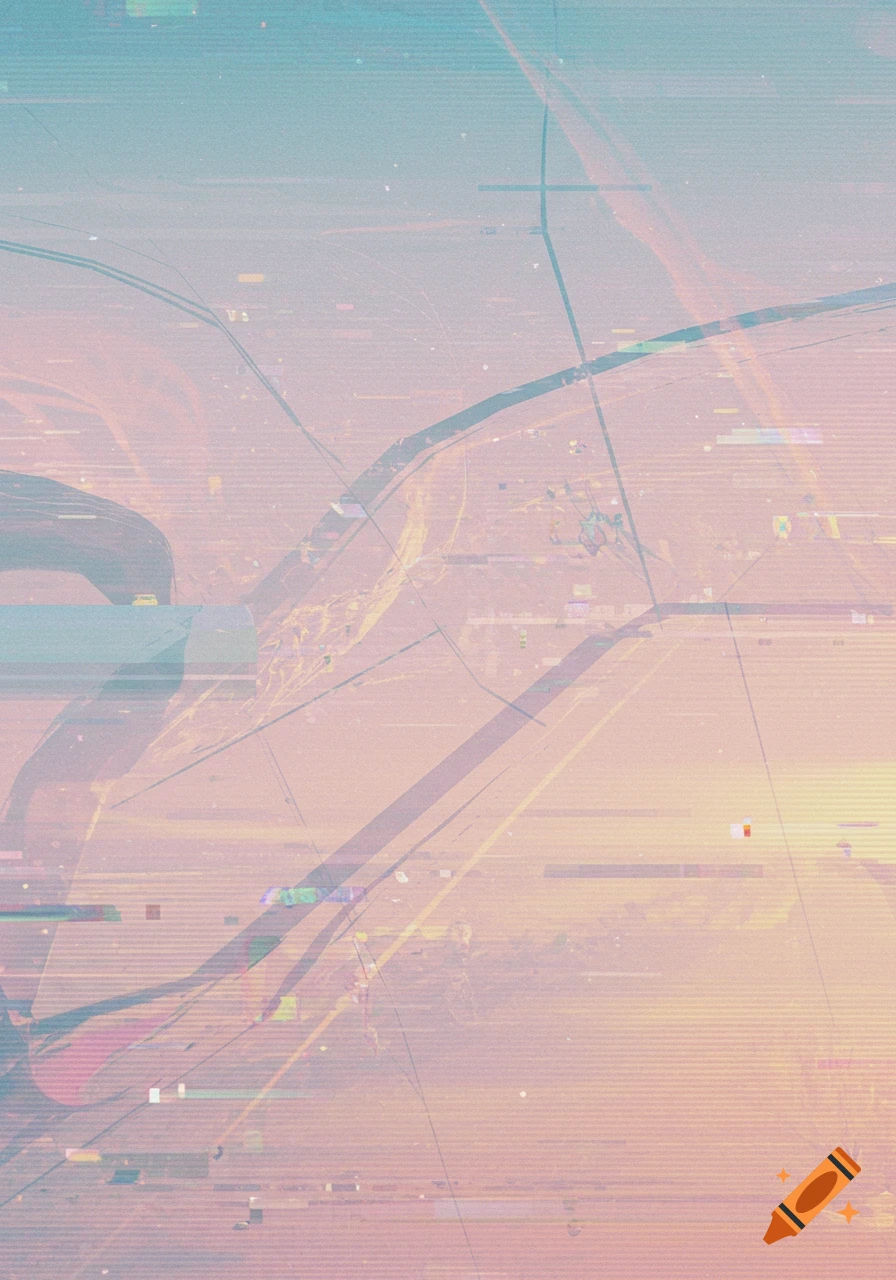 Abstract pastel background with glitch effects, horizontal lines, grain, and indistinct shapes, evoking a vintage lo-fi aesthetic.