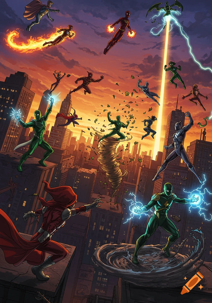 A vibrant comic art illustration depicts numerous superheroes and villains with various powers like fire, lightning, and wind battling over a city at sunset.