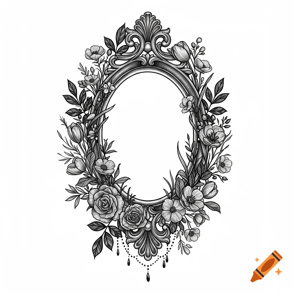 Black and white illustration of an ornate oval frame surrounded by roses, tulips, and various leaves in a gothic fairytale style.