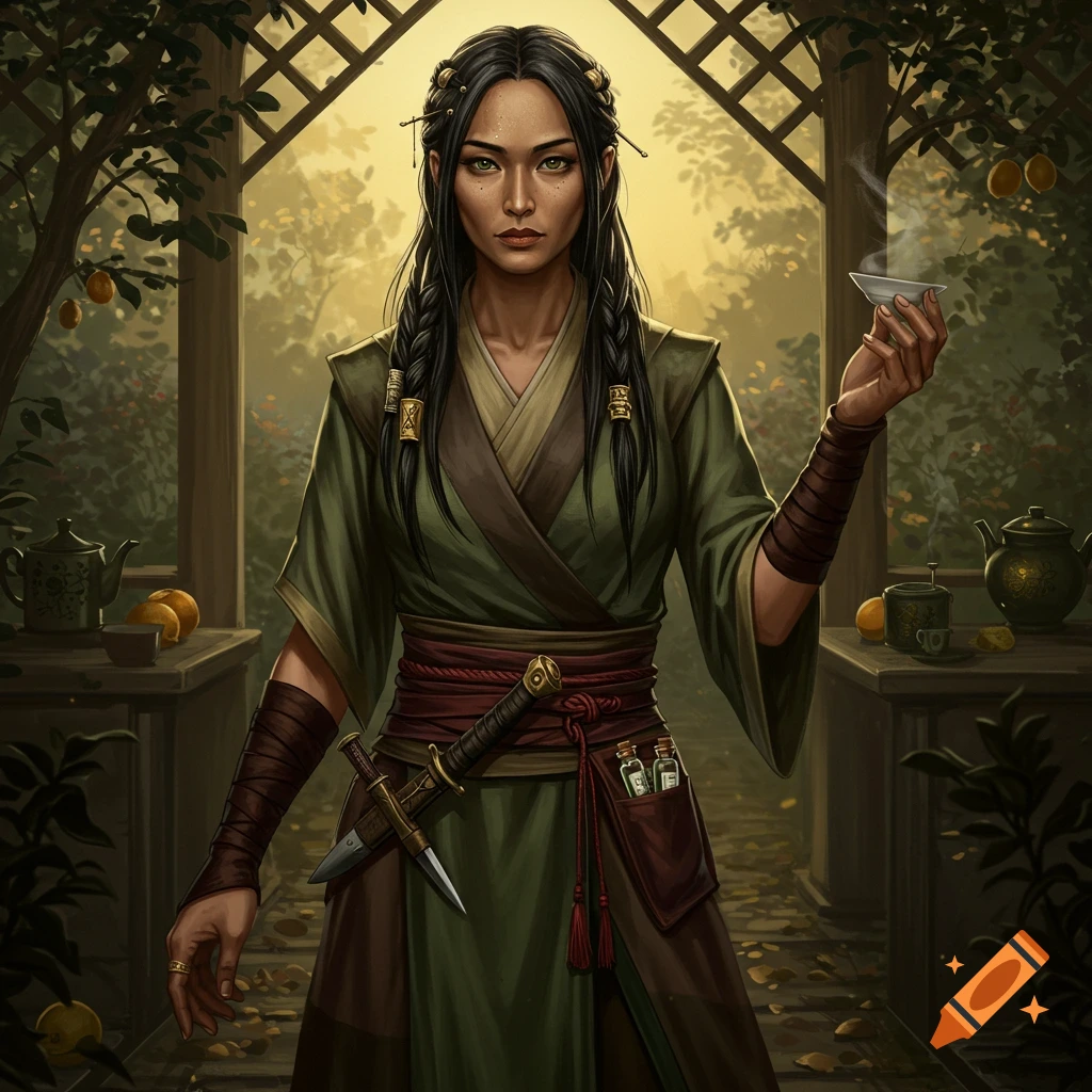 A fantasy portrait of a woman of Asian descent with braided hair, wearing a green robe, holding a steaming tea cup in a lush garden setting.