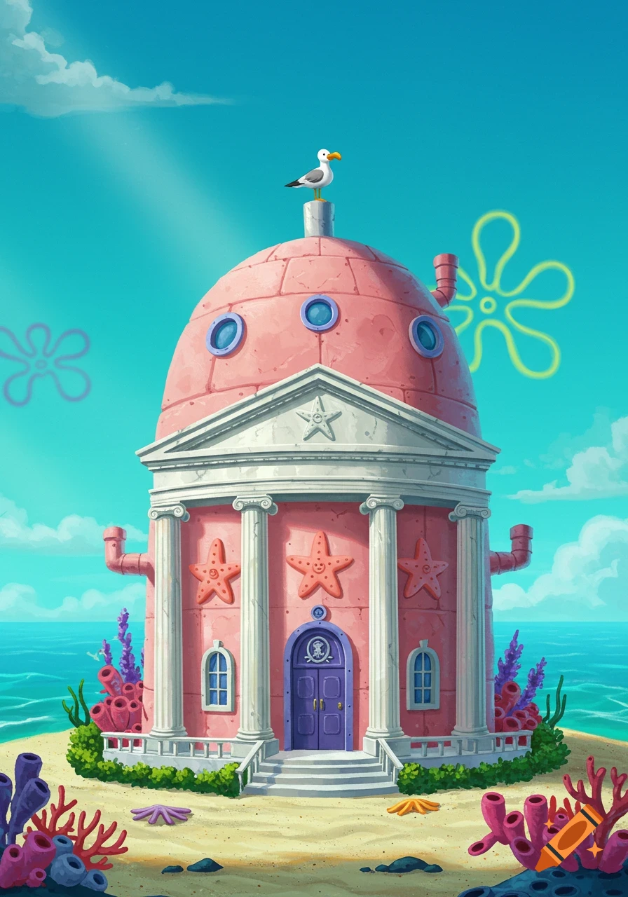 Patrick Star's pink rock house reimagined as a domed building with columns, like the White House, on a sandy island with coral.
