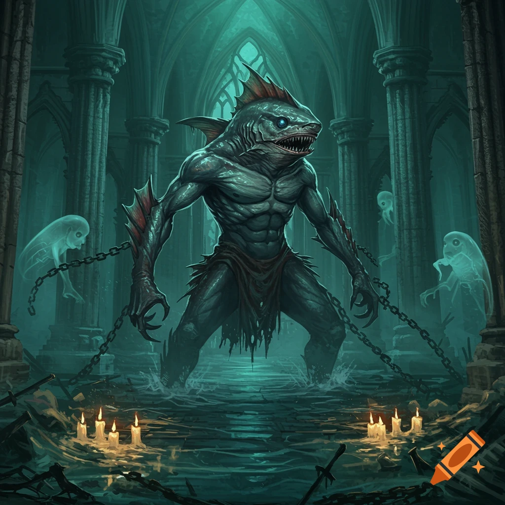 A large, muscular fish-humanoid creature with glowing blue eyes stands chained in a dark, flooded gothic ruin with spectral ghosts and lit candles. Dark fantasy art.