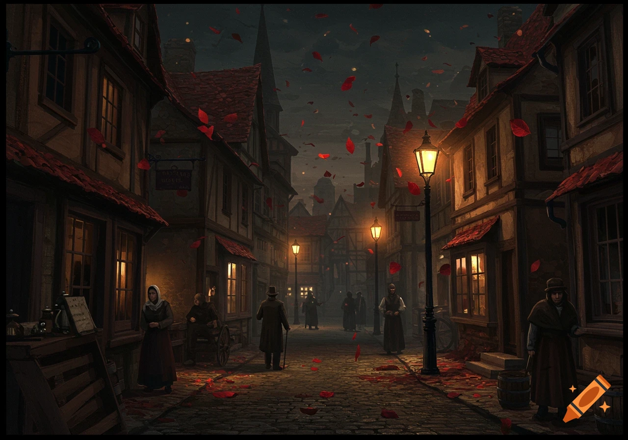 A dark, cobblestone village street at night with gas lamps illuminating medieval-style buildings. Red leaves float in the air as figures in historical attire walk along the street.