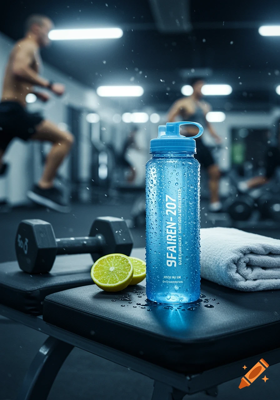 Photorealistic image of a blue water bottle, lemons, and a dumbbell on a bench in a gym setting.