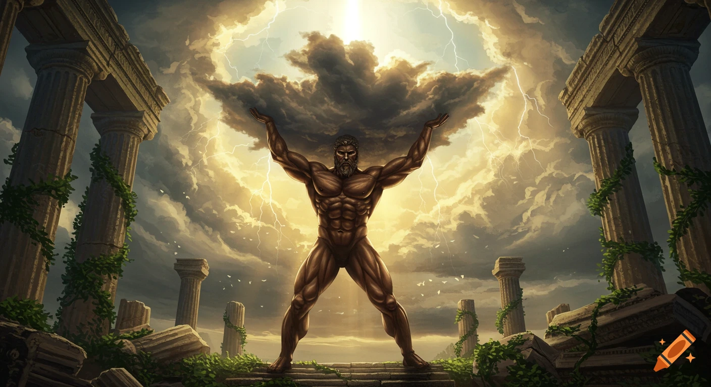 Muscular Atlas holds a stormy sky with lightning amidst ancient Greek ruins at dusk, dramatic lighting.