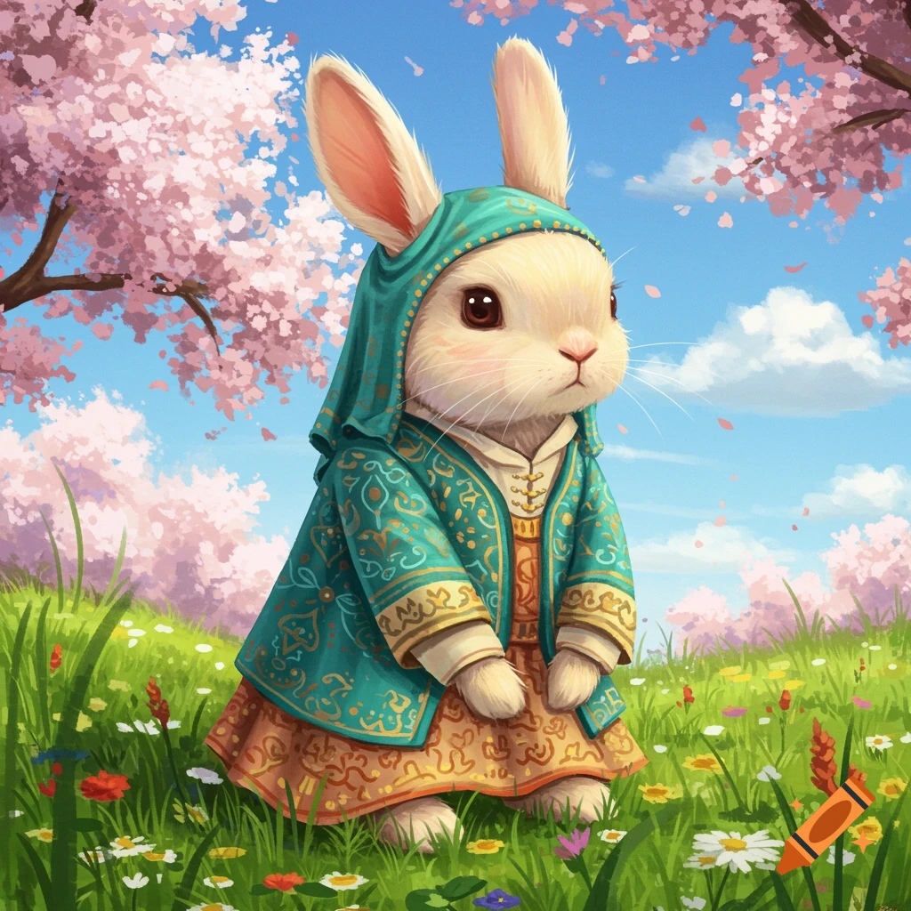 A cute bunny in a patterned teal and gold hooded robe stands in a field of wildflowers under cherry blossom trees.