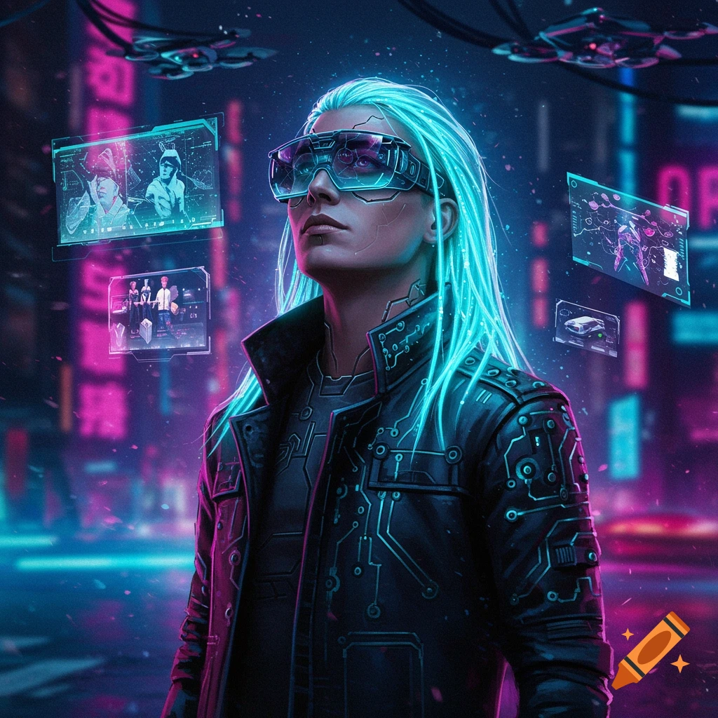 A person with glowing blue hair and futuristic glasses stands in a neon-lit cyberpunk city, surrounded by holographic screens.