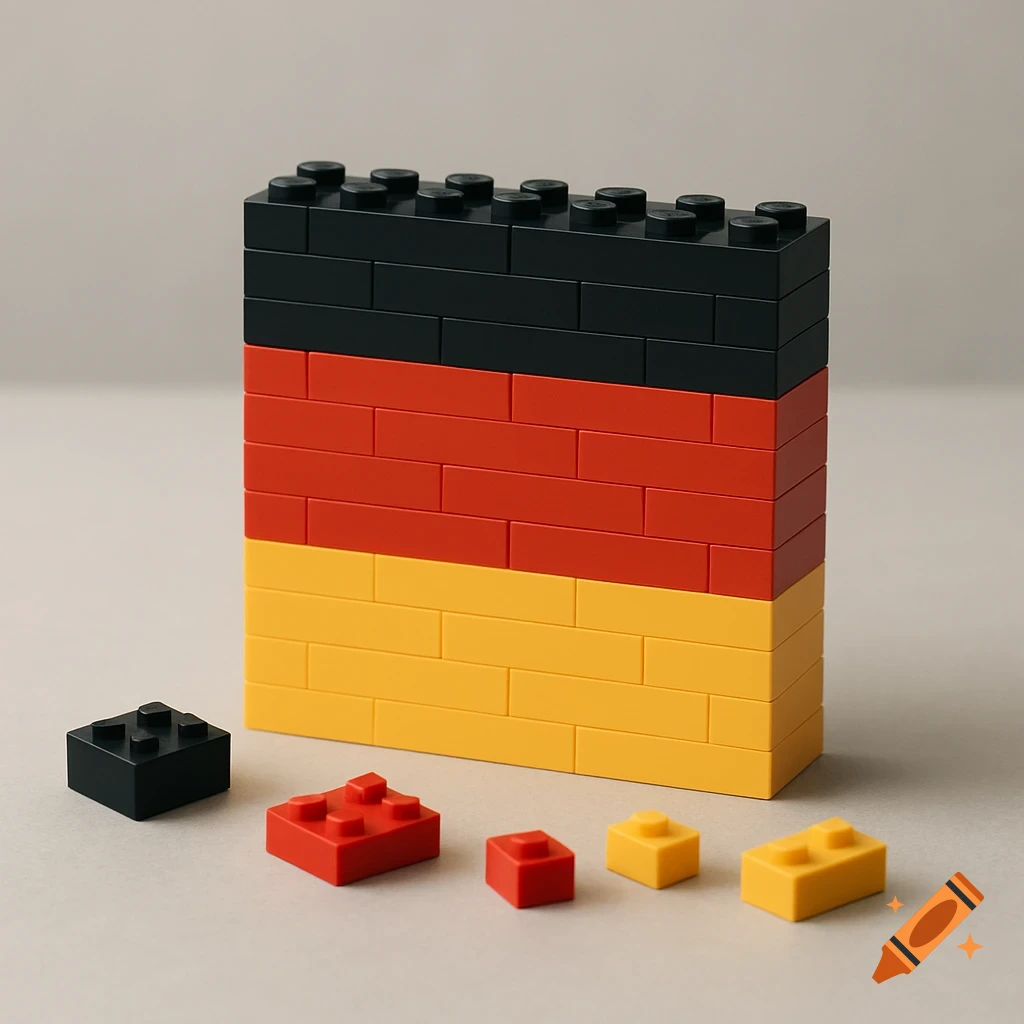 A photorealistic image of a German flag constructed from black, red, and yellow Lego bricks, with loose bricks on a gray surface.