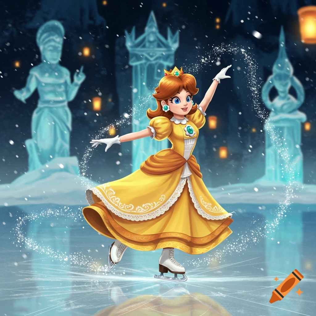 Princess Daisy in a yellow dress ice skating on a frozen pond with ice sculptures and lanterns in the background.
