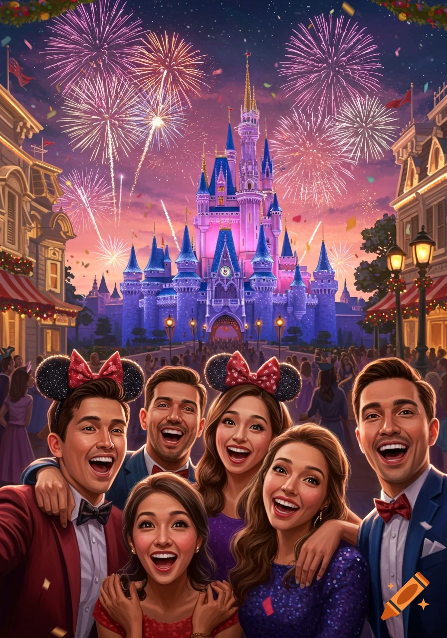 Excited group in Mickey ears takes a selfie in front of a Disney-like castle with fireworks and confetti.