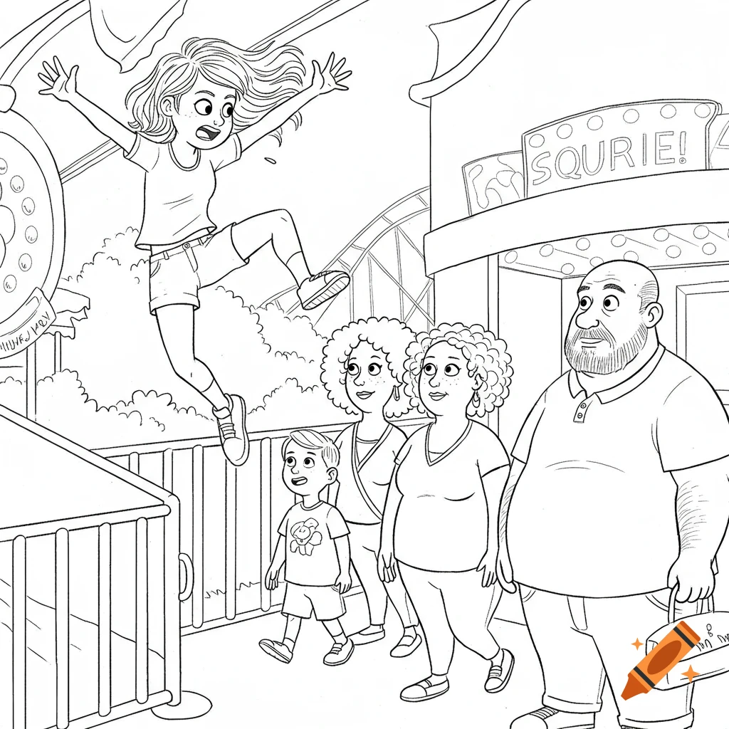 A whimsical line art drawing of a teenage girl jumping over a railing at an amusement park while her family watches.