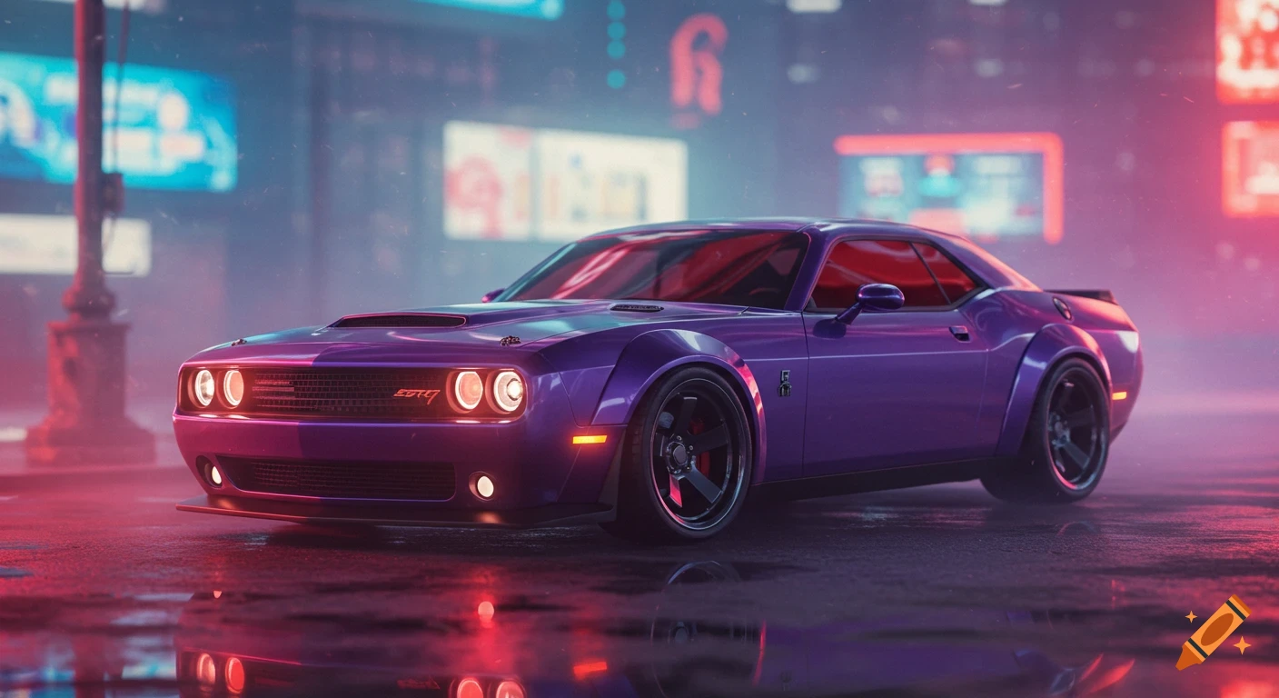 Purple cyberpunk muscle car with black rims on a wet street at night, illuminated by neon lights.