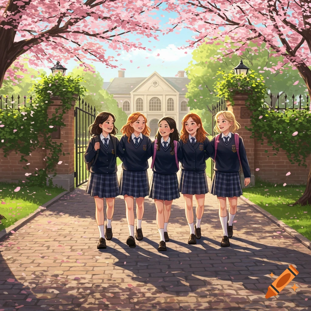 Five cheerful anime schoolgirls walk arm-in-arm down a path lined with cherry blossom trees on a sunny day.