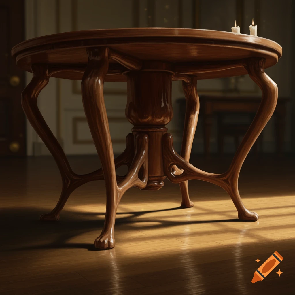 An ornate wooden table with curved, human-like legs and paw-like feet stands on a polished wooden floor, lit by sunlight.