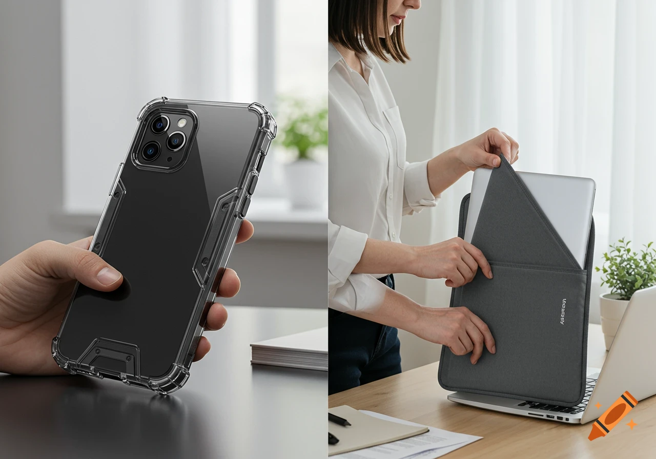 A two-panel image: a hand holding a clear smartphone case, and a person placing a laptop into a gray sleeve.