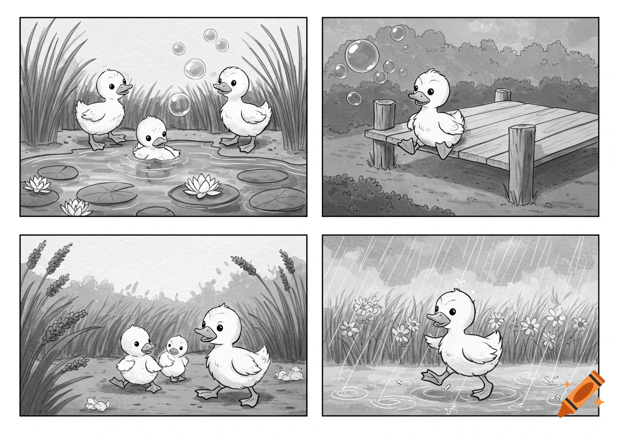 Black and white cartoon illustration of baby ducklings in four panels: at a pond, on a dock, walking on a path, and playing in the rain.