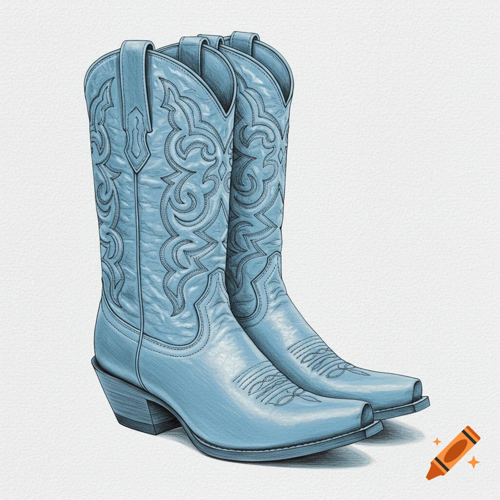 A pair of baby blue cowgirl boots with intricate stitching, rendered in a monochrome print style on a white background.