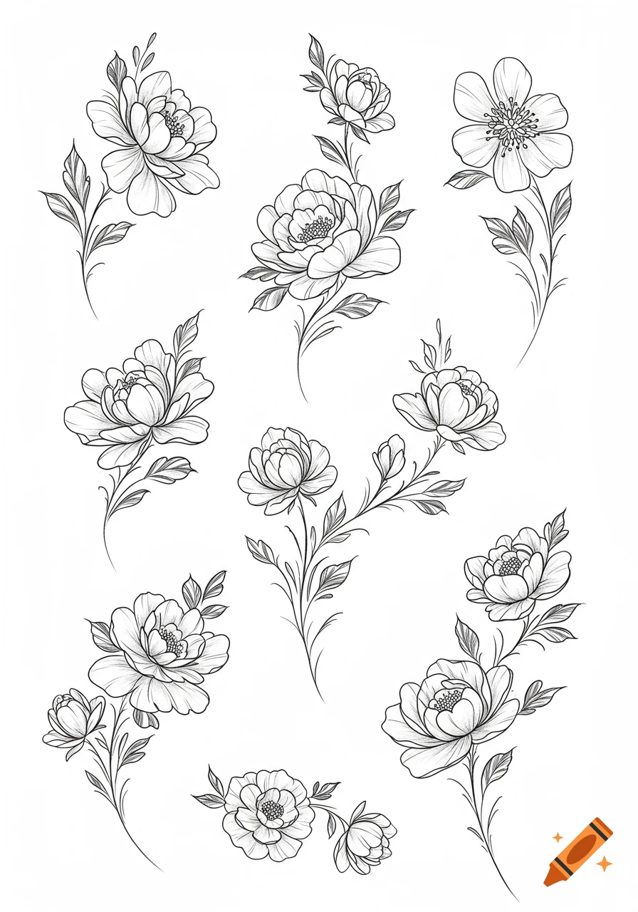 A white sheet with multiple black and white line drawings of various ornamental flowers, suitable for tattoos.
