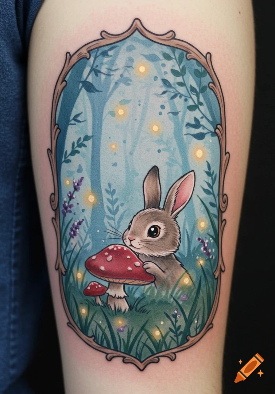 A cute bunny and mushrooms in a whimsical forest scene tattoo, framed by an ornate border on an arm.