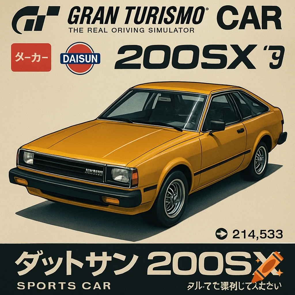 A yellow 1979 Datsun 200SX rendered in a retro video game style, resembling a Gran Turismo car selection screen with various texts.