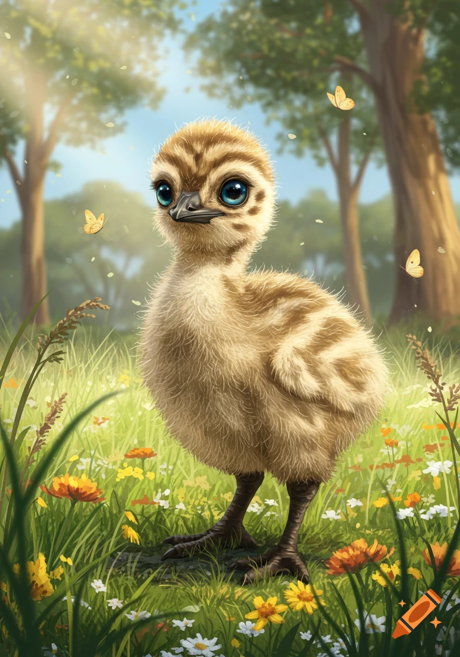 A cute baby emu with large blue eyes stands in a vibrant field of green grass and wildflowers under sunlight, with trees in the background.