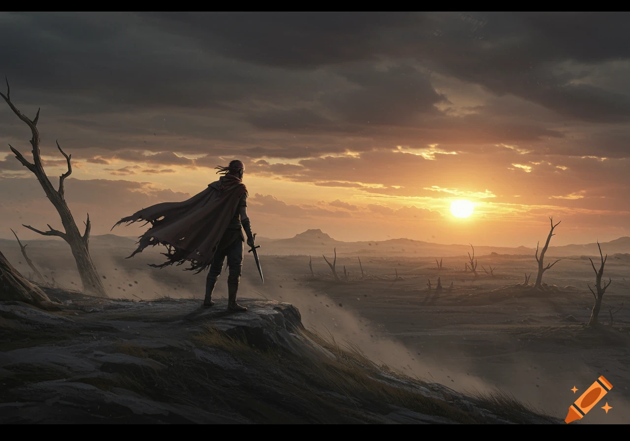 A cloaked figure with a sword stands on a cliff overlooking a desolate, treeless landscape at sunset, in a dark fantasy art style.