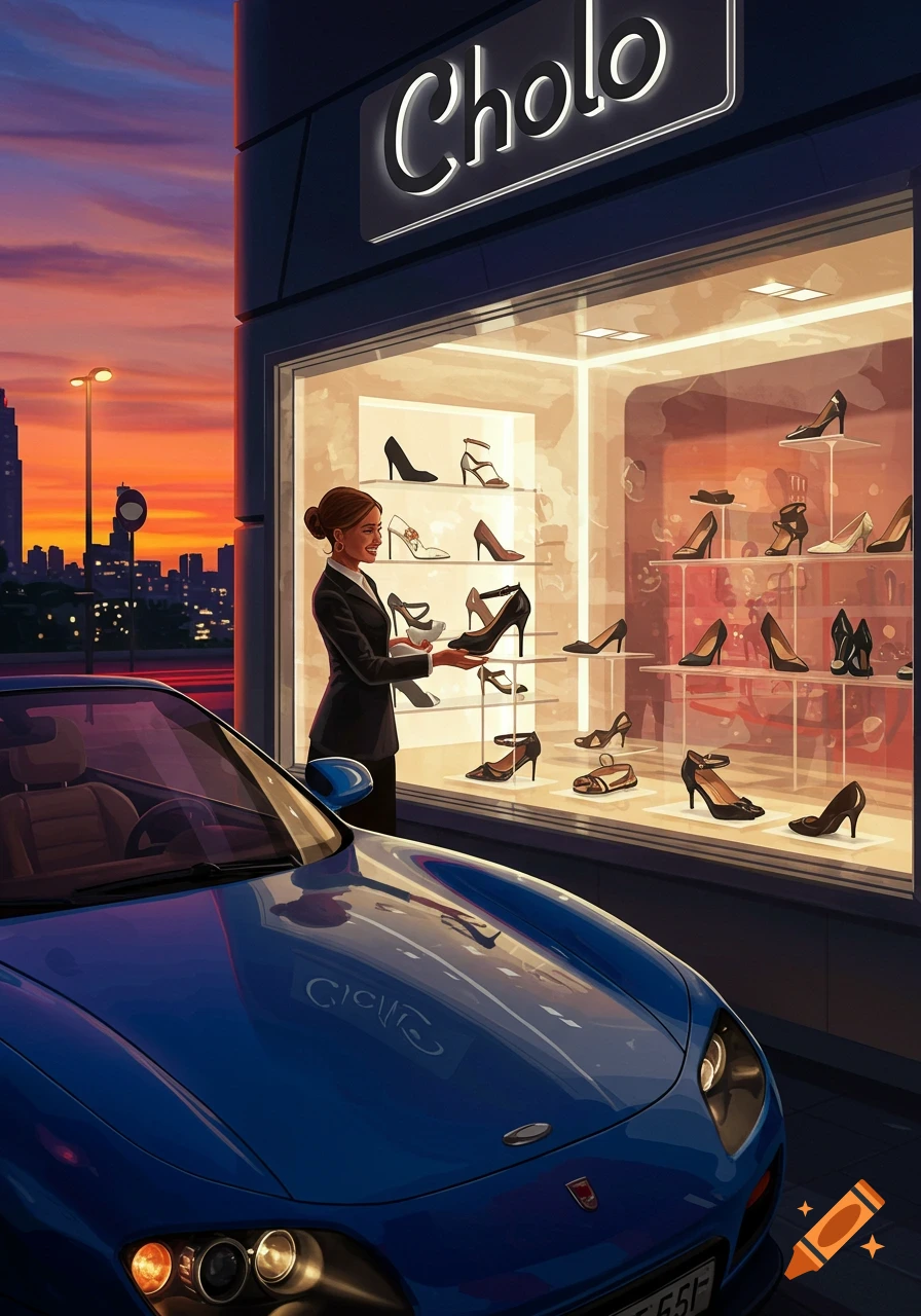 Woman in a suit looks at shoes in a bright store window beside a blue sports car at sunset in a city.