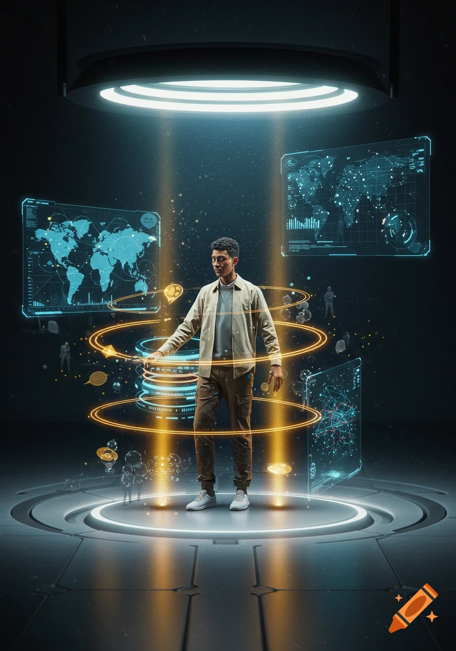A man interacts with glowing holographic data screens and rings in a dark, futuristic room.