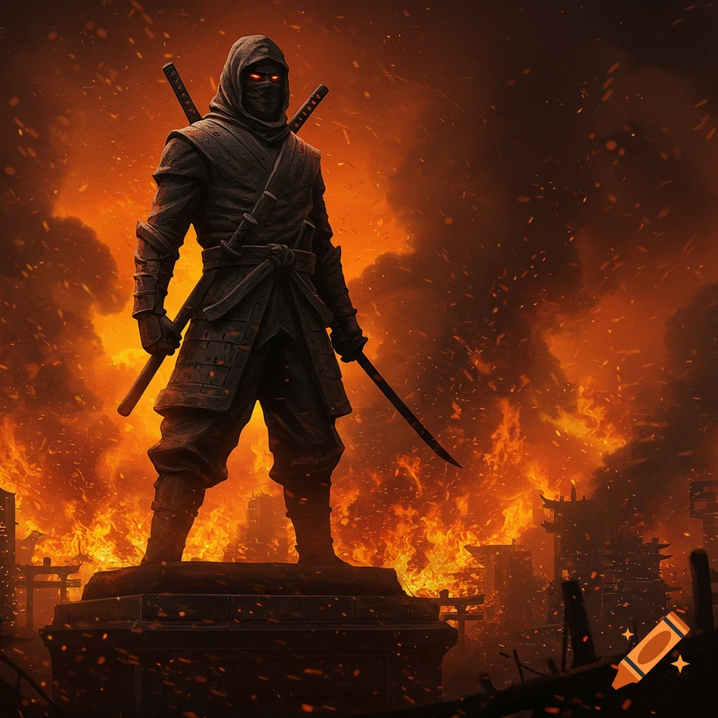 A dark, armored ninja warrior stands holding two swords on a stone pedestal against a city engulfed in massive flames and smoke.